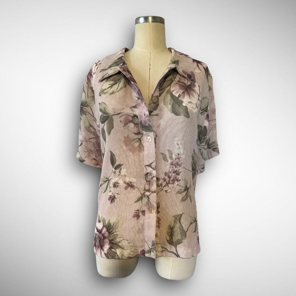 Vintage 90s Purple Mesh Women’s Camp Shirt Plus 16 Floral Print Whimsigoth Sheer